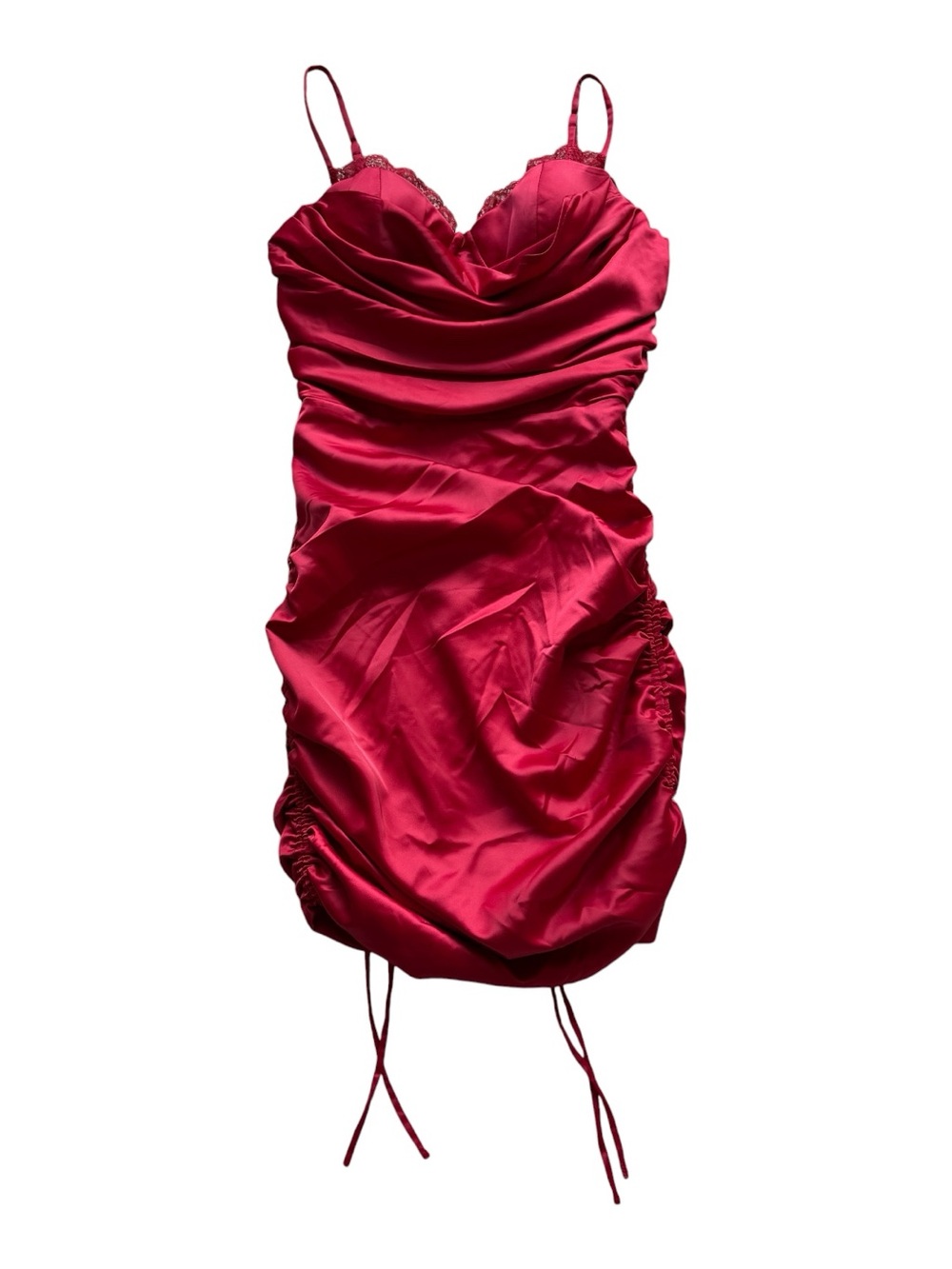 Oh Polly Red Satin Ruched Corset Mini Dress Lace Trim Bodycon NWT 4 Date Night